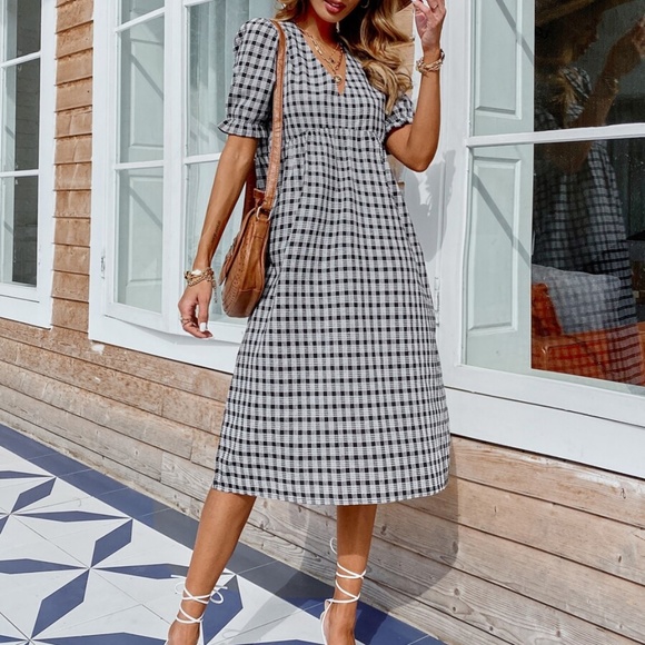 Boho V neck Plaid Puff Sleeve Midi Dress Black - Picture 6 of 6